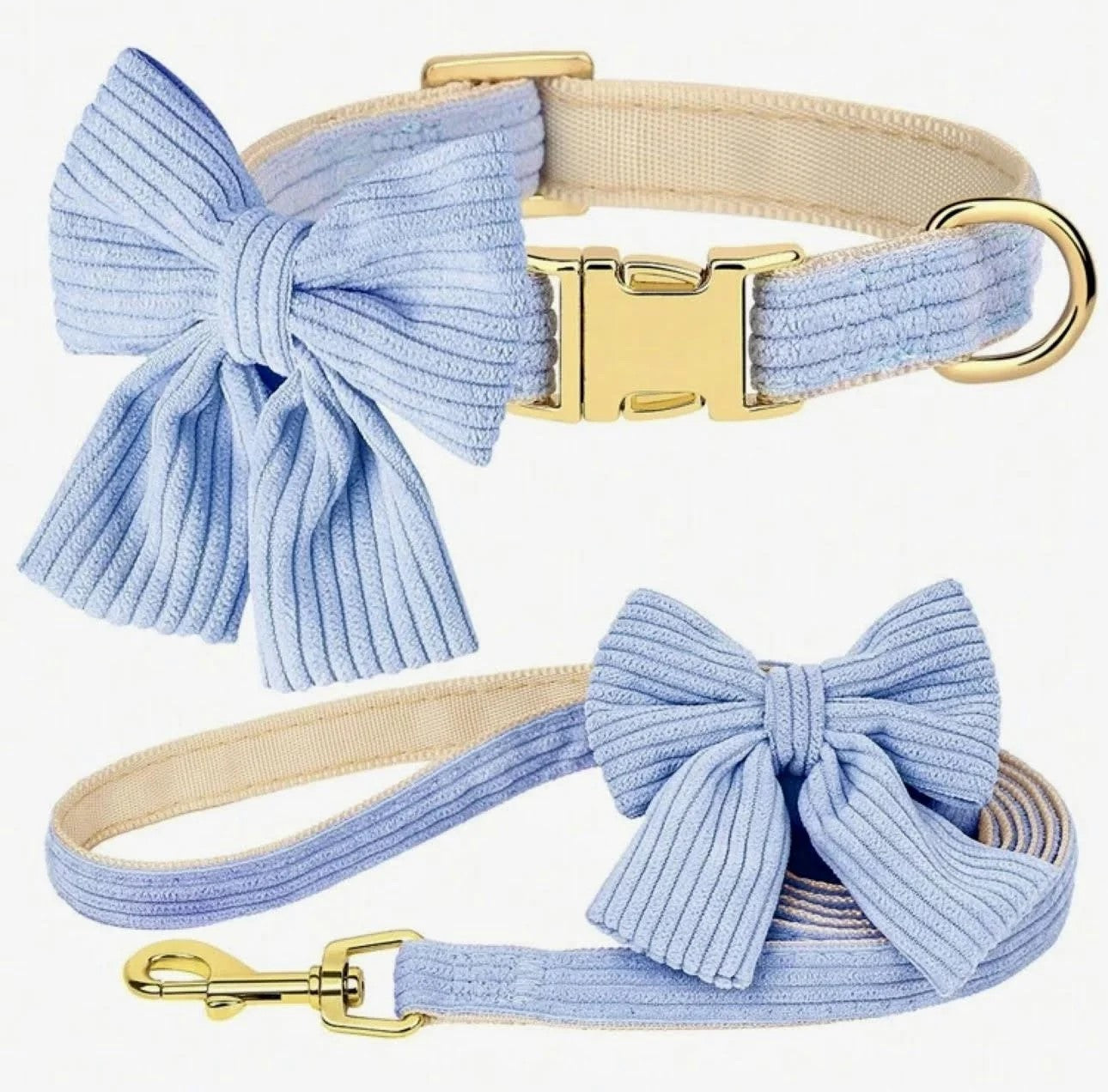 Dusty Blue Bow Dog Collar & Leash Set